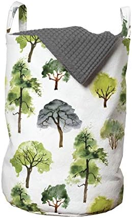 Lunarable Forest spălătorie sac, acuarelă stil pădure creștere cu diverse ramuri neclare copaci imprimare, Coș împiedică cu mânere Cordon închidere pentru spălătorii, 13 x 19, verde maro și gri