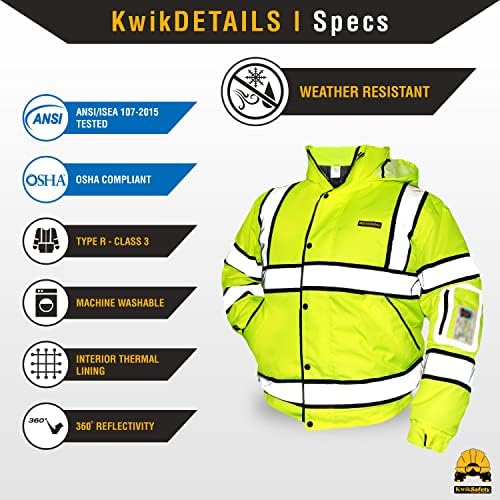 KwikSafety-Charlotte, NC-MARSHAL Bomber geacă de siguranță [buzunar ID & amp; glugă pliabilă] clasa 3 PPE ANSI testat conform