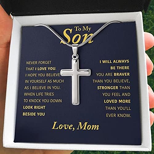 John-dhh către fiul meu Cross Cross cu card de mesaj într-un cadou de cutie, fiul mamei, bijuterii pentru fiu, bijuterii pentru copii, când viața încearcă să te doboare, priviți chiar lângă tine