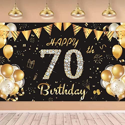 Happy 70th Birthday backdrop Banner, 70 ani Birthday Decorations Party Supplies Black And Gold Party Decorations pentru femei