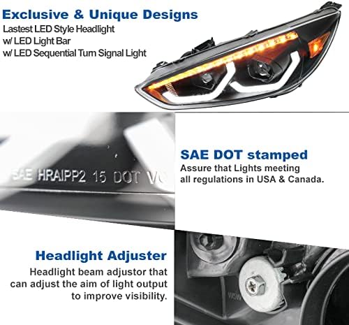 ZMAUTOPARTS LED secvențial proiector faruri Negru w / 6.25 Alb DRL compatibil cu 2015-2018 Ford Focus S / SE / ST