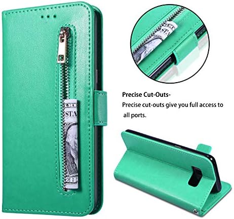 EYZUTAK portofel caz pentru Samsung Galaxy S8 Plus, 5 Card sloturi Închidere magnetică fermoar buzunar geantă de mână PU piele Flip caz cu încheietura curea TPU Kickstand Cover pentru Samsung Galaxy S8 Plus-Mint Green