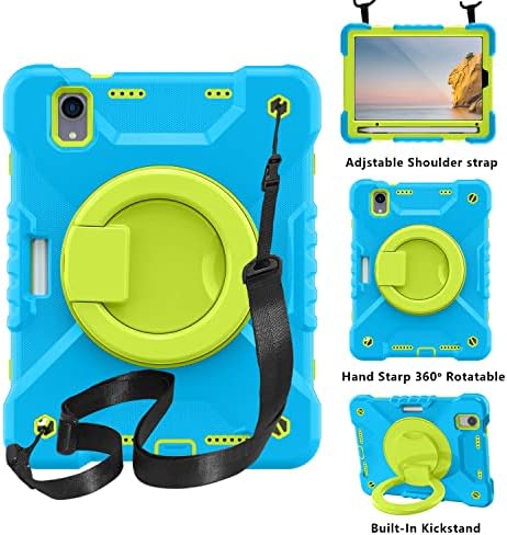 Carcasă pentru tabletă a carcasei compatibile cu iPad Mini 6/2021, capac de protecție rezistent la șocuri pentru copii, cu suport de mâner pliabil, rotativ Kickstand, purtând capac de protecție cu curea de umăr (culoare: albastru+