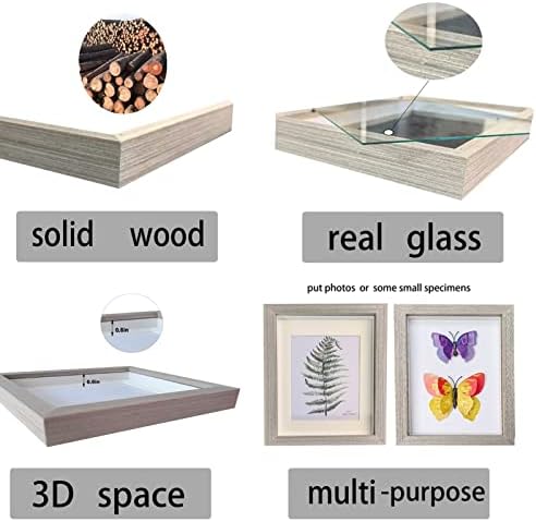 Houstimi 8x8 Grey Picture Frame Cutie de umbră 3 Cadre foto din lemn solid și sticlă reală de 0,6in pentru perete sau masă