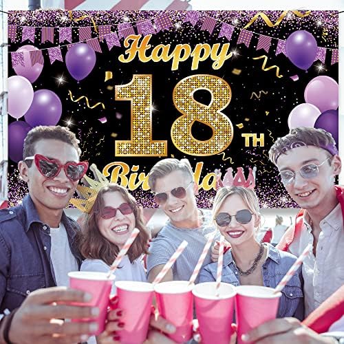 18th Birthday Decoration backdrop Banner, Happy 18th Birthday Decorations for Girls, Aur Violet 18 Birthday Party Photo Booth