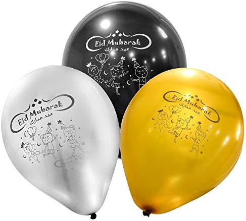 Eid Mubarak Latex Balloons 3 culori asortate negru, auriu și argint