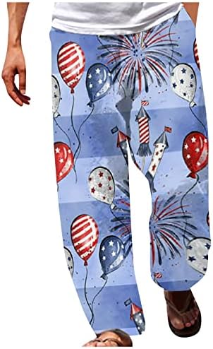 Pantaloni de lenjerie de bumbac casual pentru bărbați steag american imprimat talie elastică ușoară slim se potrivește pantaloni de plajă cu yoga cu buzunare
