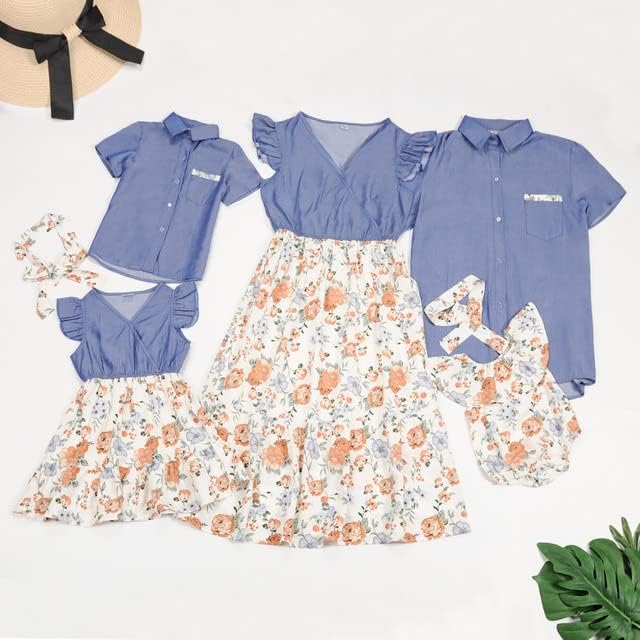PopReal familie potrivire Utilaje vara mami și mă rochii florale imprimate Baby Boy set fata Romper Albastru