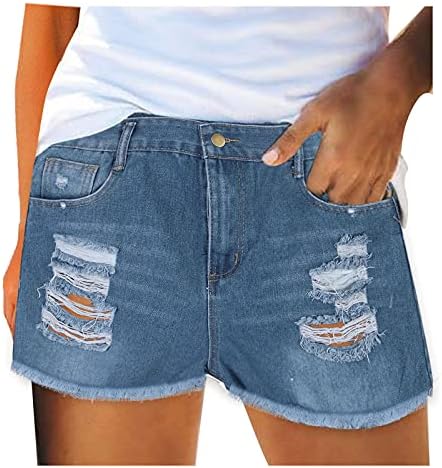 Pantaloni scurți din denim Jean pentru femei Pantaloni calzi rupți de vară, decupate mijlocul taliei Solid confortabil Fitness