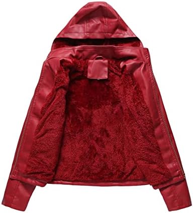 Jacheta din piele dnuri cu glugă pentru femei Iarna calde calde cu căptușeală căptușită din piele faux, slim, potrivită motor