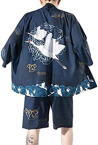 Kimono japonez masculin se potrivește cu șapte mânecă, cardigan frontal deschis cu pantaloni scurți set de jachete tipărite