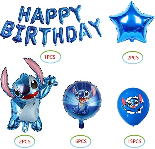 38 pcs baloane Lilo și Stitch, baloane cu folie de 24in cu cusături, 16in la mulți ani baloane cu folie de banner, 12in balon