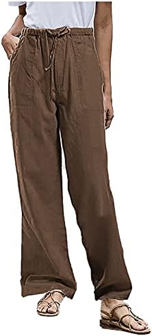 Hdzww lenjerie solidă cu buzunare pantaloni cu talie elastică pentru femei muncesc lungi vara pantaloni dreaptă picior respirabil