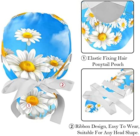 2 bucăți capac de lucru reglabil cu butoane și cravată pentru panglică pentru părul lung pentru femei, flori albe de margarete