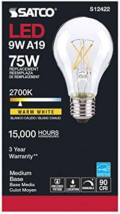 Lămpi cu Filament LED reglabile Satco, S12422, lumeni înalți, 10,5 wați, A19; clar; bază medie; 2700K; 90 CRI; 120 volți pentru