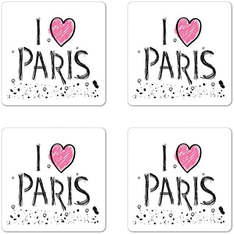 Set de 4 coaster Ameffel Turn Eiffel, de 4, I Love Paris creion Transilat cu pete de vopsea stropiți, coaste de luciu pătrate, dimensiuni standard, cărbune roz gri și alb