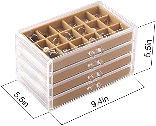 Cutie de organizator de cercei Frebeauty, cutie de bijuterii acrilice cu 4 sertare, organizator de bijuterii clare cu tăvi