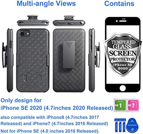 Ailiber Compatibil cu carcasa iPhone SE 2022, iPhone SE 2020/ iPhone 7/8 Hupl cu protector de ecran, clip cu centură pivotantă, copertă de protecție shell shell pentru iPhone SE-Black