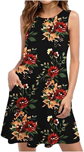 Rochie de vară pentru femei 2023 Tricou Floral de plajă Rochie Casual fără mâneci boemă cu buzunare pentru telefon