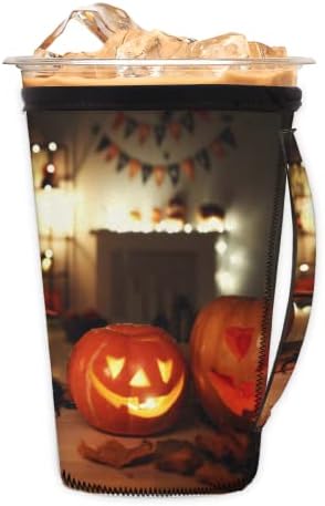 Halloween Pumpkin Lantern 46 Mânecă de cafea cu glazură reutilizabilă cu mâner de ceașcă de neopren pentru sodă, latte, ceai,