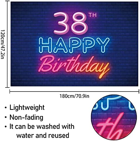 Glow Neon fericit 38th Birthday Backdrop Banner Decor negru - colorat stralucitoare 38 de ani Petrecere de aniversare tema