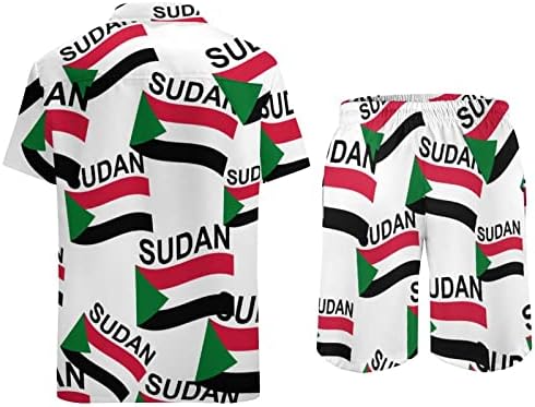 Steagul Sudanului pentru bărbați din 2 bucăți de pe plajă Button Hawaiian, cămașă cu mânecă scurtă și costume scurte