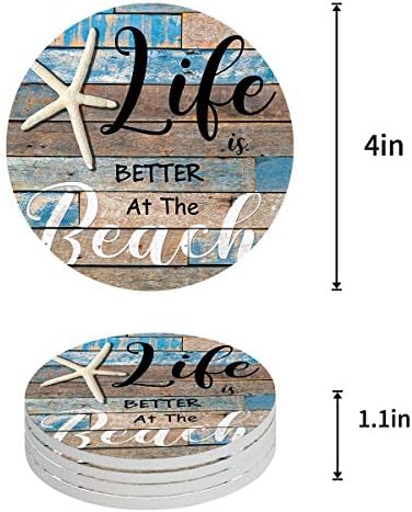 Viața este mai bună la coastele de pe plajă pentru băutură, set de coaster de piatră ceramică absorbantă, cu bază de plută pentru căni de masă de bucătărie și căni, set de 4, bob din lemn rustic