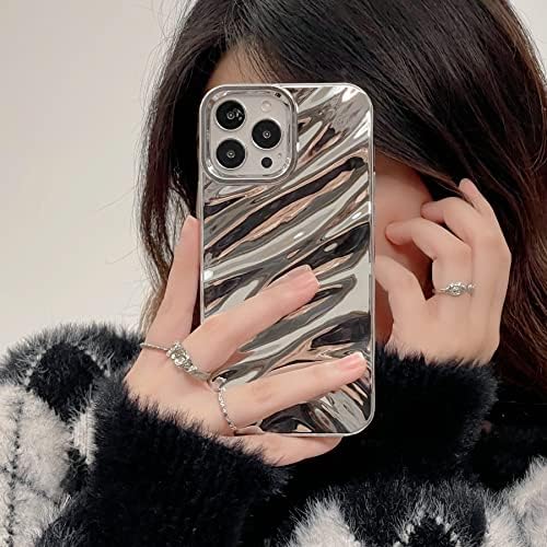 Shinymore iPhone 14 Pro Glitter Case, Fashion Glitter Silver Silver Drăguț Soft Silicon Foil Foil 3D Model de undă 3D Femei