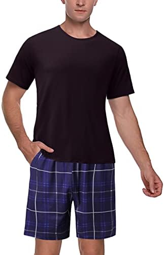 Cadou pentru pijama pentru bărbați 2pc Costume pentru gât rotund, tricouri solide solidă și carouri elastice cu talie pantaloni