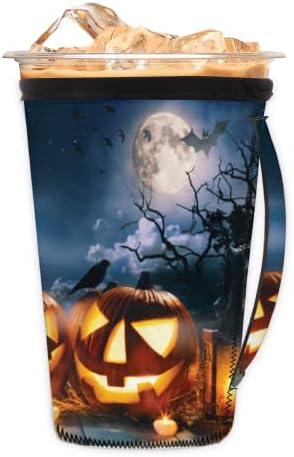 Halloween Pumpkin Lantern 41 Mânecă de cafea glazurată reutilizabilă cu mâner de ceașcă de neopren pentru sodă, latte, ceai,