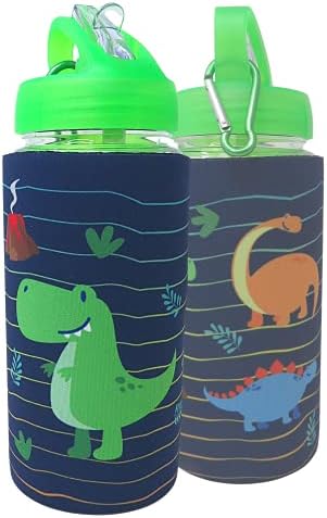 Sticlă de apă cu capac verde pentru copii cu mânecă de neopren dinozaur detașabil, sticle de băuturi distractive pentru prânzuri