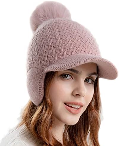 Femei de iarnă beanie pălării tricotate vizoare urechi calde pălărie de coajă cu căptușeală căptușită cu pompom