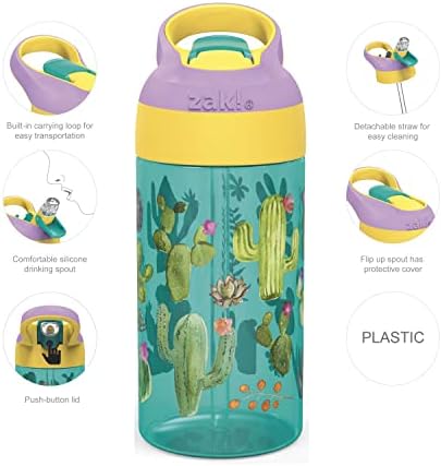Zak Design 16oz Riverside Desert Life Sticla de apă pentru copii cu paie și construită în buclă de transport din plastic durabil,