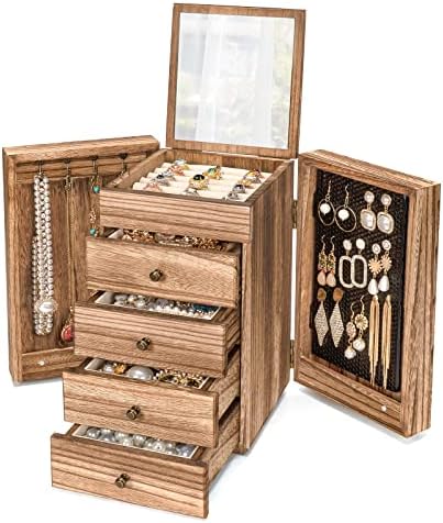 Cutie de bijuterii Meangood lemn pentru Wowen, cutie mare organizator cu 5 straturi