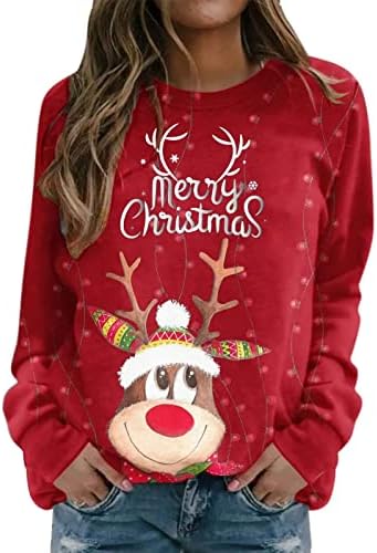 Topuri roșii de Crăciun pentru femei drăguțe de renuri grafice cu mânecă lungă cămăși cu mânecă lungă, cu mâneci lungi, pulovere