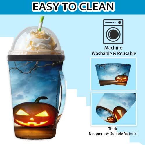 Halloween Pumpkin Lantern 51 Mânecă de cafea glazurată reutilizabilă cu mâner de ceașcă de neopren pentru sodă, latte, ceai,