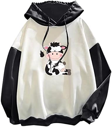Oplxuo femei Kawaii Cow Hoodie Top, Patchwork drăguț vacă imprimare Cordon Hanorac cu glugă Pulover Topuri Tricouri pentru