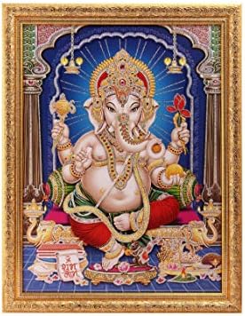 Silver Zari Art Lucrare Fotografie a Ganeshji în Aurd Big Religious Wall Decor