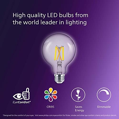 Philips LED Ultra Definition Flicker-Free Dimmable, tehnologie de confort pentru ochi, lumină de zi 5000k G25 bec din sticlă transparentă, 500 lumeni, 5w=60W, bază E26, certificat Titlu 20, pachet 2
